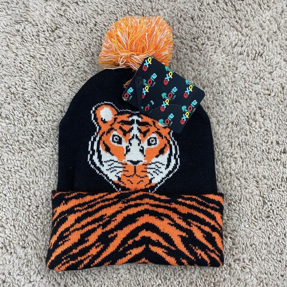 Explore By Lids Beanie Youth Tiger Print Pom Cuffed Knit Black Graphics Hat‎ NWT